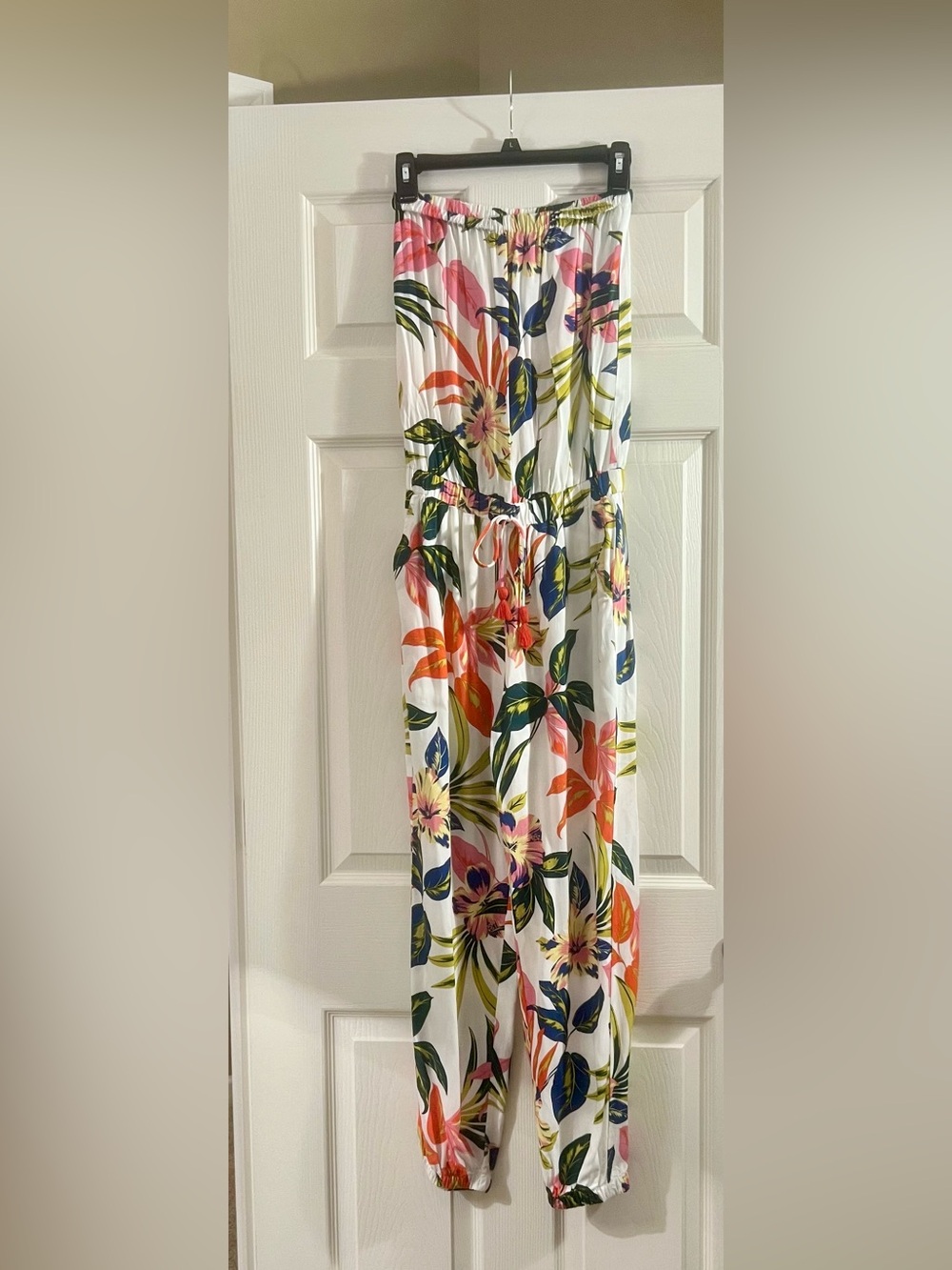 White Tropical Floral Strapless jumpsuit with Elastic Waist